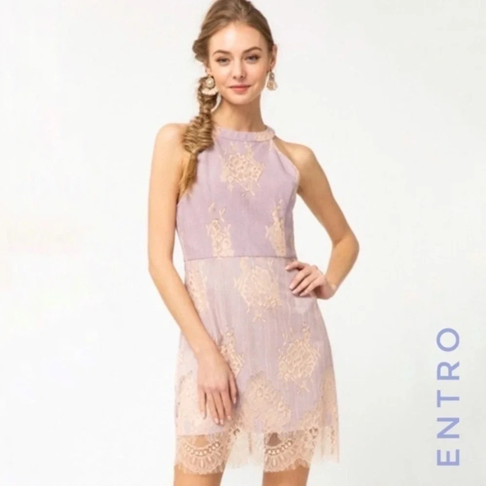 Entro Sabrina Halter Eyelash Lace Dress Blush Lilac Wedding‎ Guest Size Large
